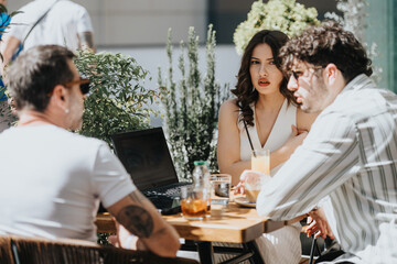Multi-generational business entrepreneurs brainstorm at a modern cafe, strategizing for profit growth and business success.