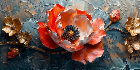 Abstract oil painting of anemone flower on canvas, closeup