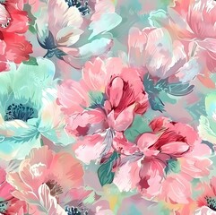 Seamless pattern with pink and turquoise flowers, pastel colors, soft brush strokes in the style of watercolor, soft pastels, vintage, Pastel, watercolor, oil painting, highly detailed, 