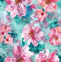 Seamless pattern with pink and turquoise flowers, pastel colors, soft brush strokes in the style of watercolor, soft pastels, vintage, Pastel, watercolor, oil painting, highly detailed, 