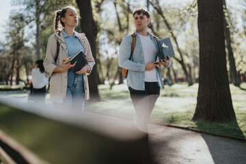 A male and a female student or friends carrying textbooks in a park, engaging in a discussion with...
