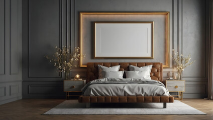 Stylish bedroom with a striking framed picture on the wall. Elevate your space with this frame mockup.