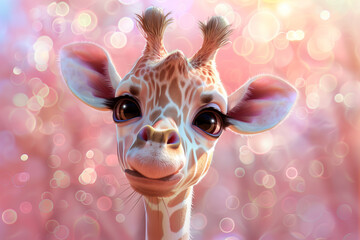 Cute closeup portrait of a giraffe with big cute eyes on bokeh background