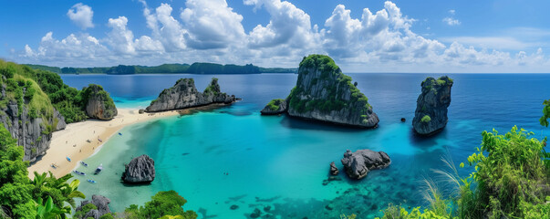 Blue lagoon with tropical sand beach, generated ai