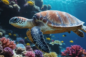 Obraz premium The Gentle Voyager: A Sea Turtle in Its Marine Home.