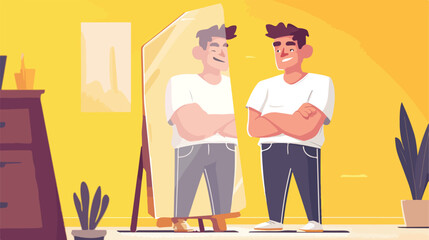 Man cartoon character looking at mirror flat vector