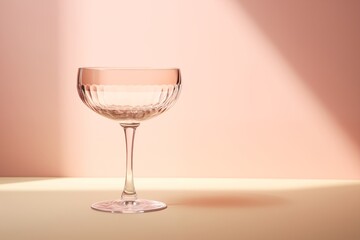 Vintage Coupe Champagne Glass Placed on a Light Beige and Soft Pink Background | Clear Space for Text | Wedding Aesthetic