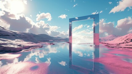 Obraz premium A metallic pink square portal in the middle of the clear river that connected to the ocean that surrounded with a pile of the pink sand and pink desert under the cloudy sky in the sunny day. AIGX03.