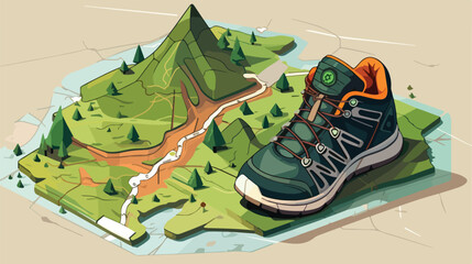 Map with pointer camping boots 3D style composition