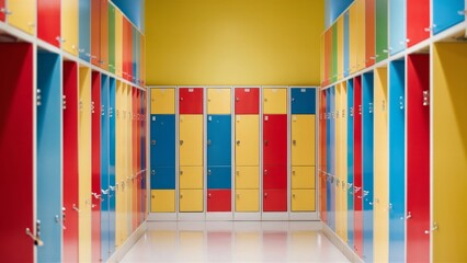 Bright and colorful cabinets in a preschool, arranged in a row, create a fun atmosphere in the educational environment. AI generated.