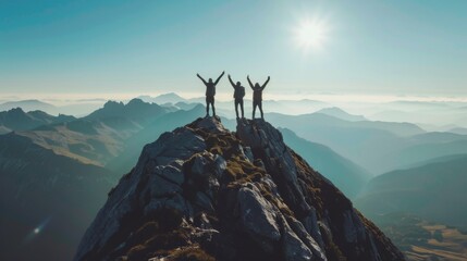 Together overcoming obstacles with three people holding hands up in the air on mountain top , celebrating success and achievements