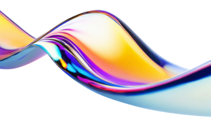 Abstract liquid glass shape with colorful reflections. Ribbon of curved water with glossy color wavy fluid motion. Chromatic dispersion flying and thin film spectral effect.