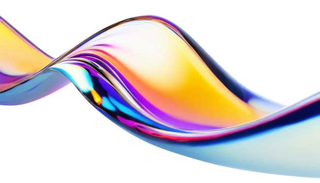 Abstract liquid glass shape with colorful reflections. Ribbon of curved water with glossy color wavy fluid motion. Chromatic dispersion flying and thin film spectral effect.
