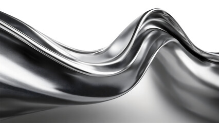 Abstract fluid metal bent form. Metallic shiny curved wave in motion. Cut out design element steel texture effect.