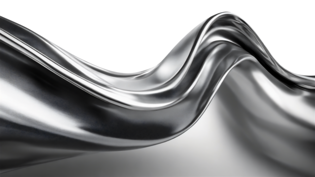 Abstract fluid metal bent form. Metallic shiny curved wave in motion. Cut out design element steel texture effect.