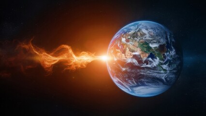  Dramatic image of Earth with a fiery energy burst, symbolizing environmental catastrophe or cosmic event.