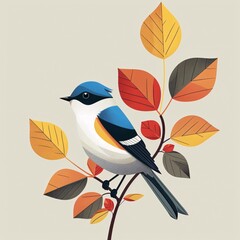 Charming Bird Perched on Branch, Surrounded by Vibrant Fall Leaves