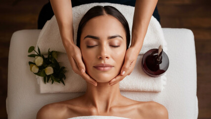View of young relaxed female having facial massage for skin rejuvenation. 
