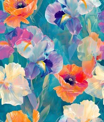 Seamless pattern of colorful flowers Including poppies and iris. The background is turquoise blue, flower petals, and the background wallpaper uses light pastel colors. Soft, sweet color