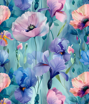 Seamless pattern of colorful flowers Including poppies and iris. The background is turquoise blue, flower petals, and the background wallpaper uses light pastel colors. Soft, sweet color