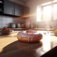 Pink Glazed Doughnut on Wooden Table with Sunlight

