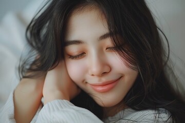 Gentle Smiling Asian Woman with Closed Eyes, Expressing Contentment and Peacefulness