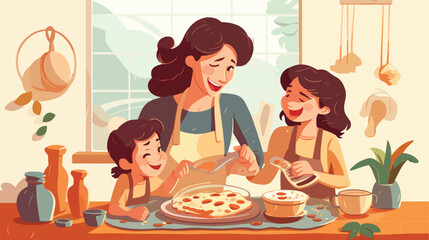 Mother and children preparing cookies in kitchen ca