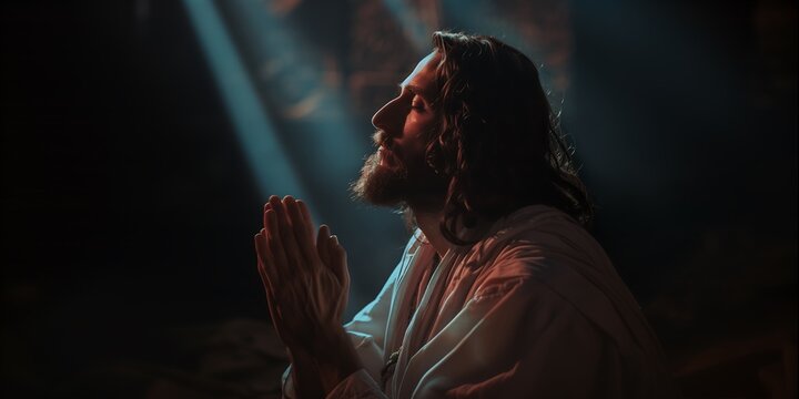 Jesus Cristo orando, imagem estilo fotografia de Jesus ajoelhado orando e uma luz celestial
