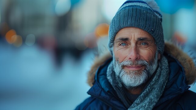 Homem com barba grisalho com olhos azuis, 50 anos no inverno