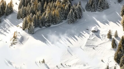 Ski slope and tree-covered background in aerial view