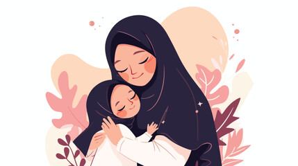 Muslim mother with daughter. Happy woman in hijab w