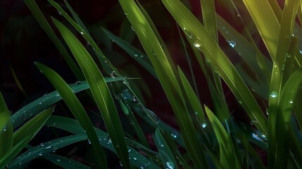 Detailed view of wet grass blades with water droplets on them