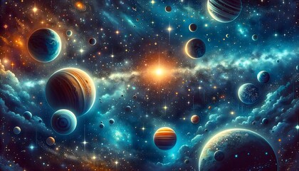 Fototapeta premium Illustration Featuring a Breathtaking View of Outer Space with Various Planets and Stars. Space background