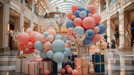 Balloon-filled gift boxes arranged in a charming display, inviting guests to indulge in the...