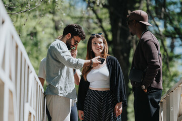 Three friends of diverse backgrounds are captured sharing a joyful moment in a sunny park, portraying warmth, togetherness, and happiness.