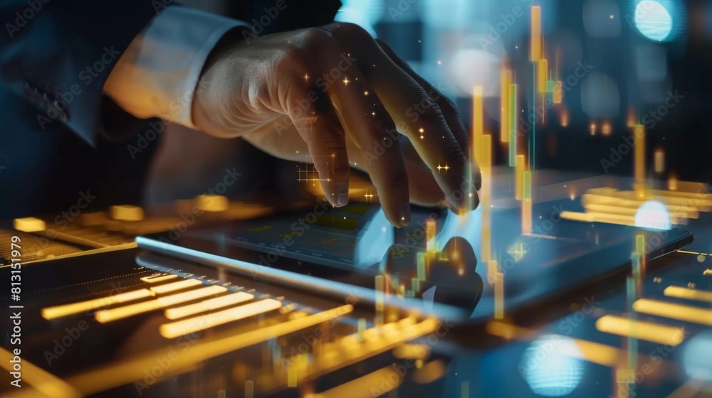 Poster a businessman analyzing gold market trends on a digital tablet with graphs and charts displayed.