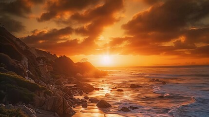 Colorful sunset casting warm light on ocean, rocks, and cliffs - Powered by Adobe