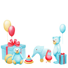Obraz premium Blue teddy bears standing with a ball, pyramid, dinosaur, gift boxes, elephant, balloons. Watercolor cute baby hand drawn illustration for cards