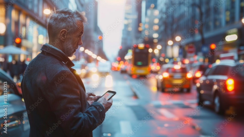 Fototapete a businessman checking stock prices on a smartphone while commuting on a busy urban street, multitas