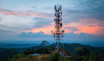 Vibrant Mountain Sunset with Communication Tower