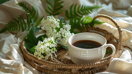 Fototapeta premium Wake Up To The Aroma Of Breakfast In Bed, Featuring A Cup Of Coffee On A Wicker Tray Alongside A Green Bouquet Of White Viburnum And Fern