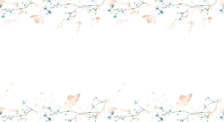 Watercolor painted seamless floral frame. Arrangement border with blue flowers, branches and leaves and gold elements.