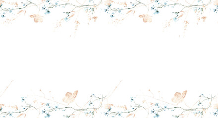 Watercolor painted seamless floral frame. Arrangement border with blue flowers, branches and leaves and gold elements.
