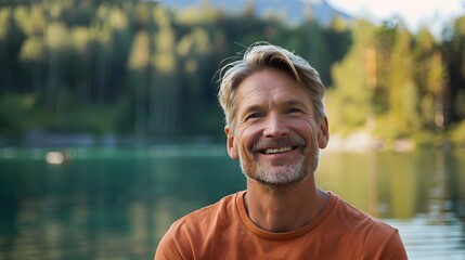 Blond hair caucasian man in his 50s who exudes happiness and a sense of feeling truly alive in a beautiful natural park near lake, genuine smile on his face, relaxed and confident male who found joy