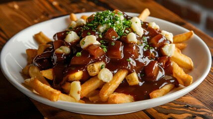 Canadian Poutine food dish with French fries and cheese curds topped with a brown gravy