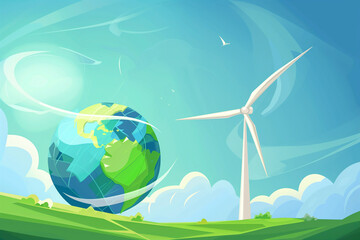 Naklejka premium Green Field With Windmills Under Blue Sky