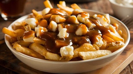 Canadian Poutine food dish with French fries and cheese curds topped with a brown gravy