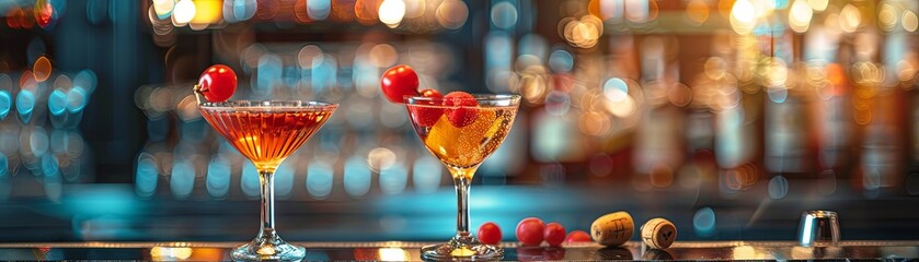 Two glasses of champagne with raspberries on the bar counter in the night club.