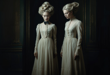 Two solemn young women in vintage dresses and hairstyles stand side by side.