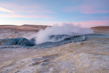 Steaming geysers in Bolivia near Uyuni and Laguna Colorado - Sunset
